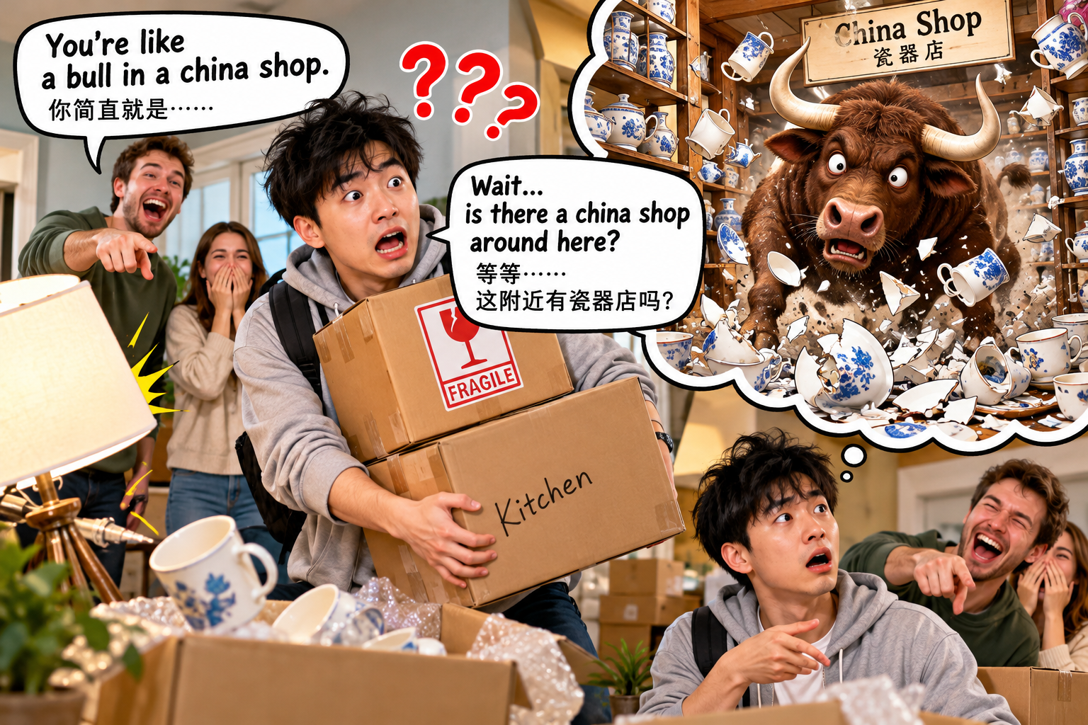 美剧说英语:a bull in a china shop - 加拿大搬家时朋友说我像“a bull in a china shop”,我还问:哪家瓷器店?