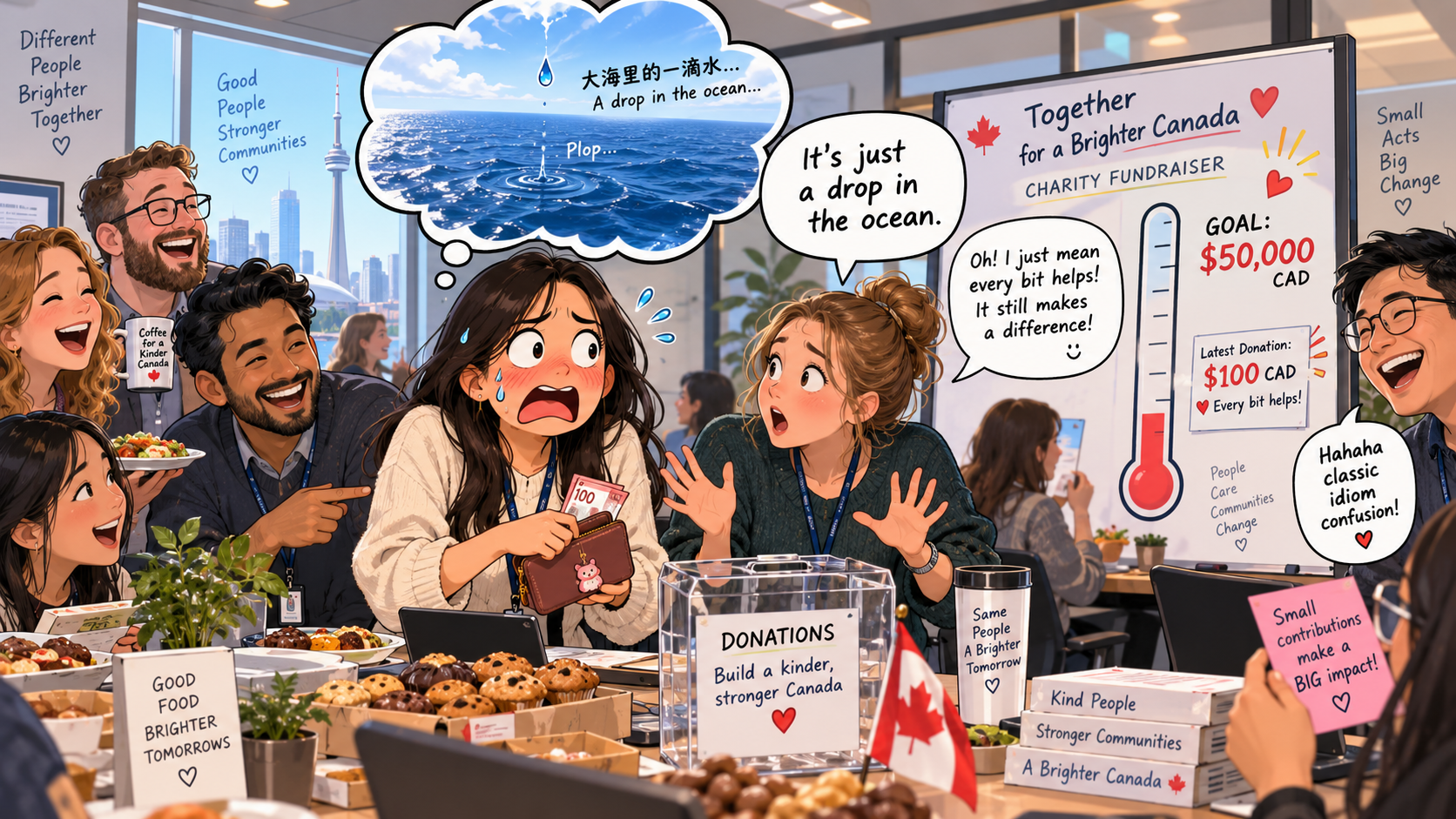美剧学英语：a drop in the ocean - 加拿大办公室募捐会上，同事说我的100块只是“大海里一滴水”，我以为他嫌少……
