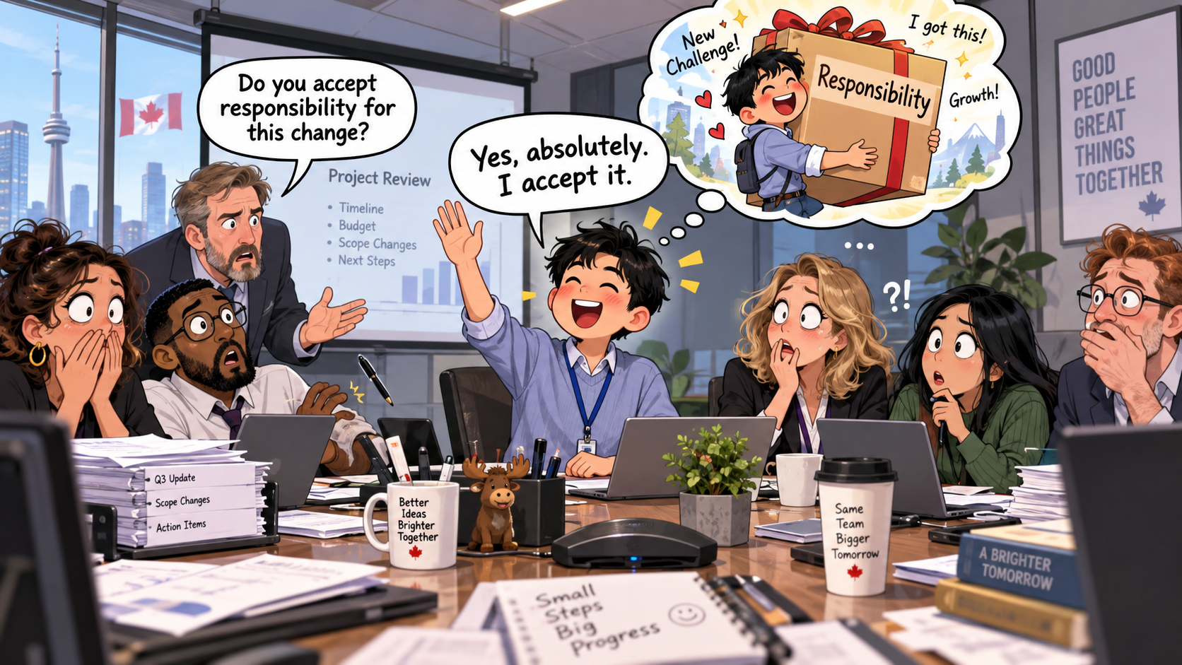 美剧学英语:accept - 加拿大办公室老板问“Do you accept responsibility?” 我点头后,全会议室突然安静了……