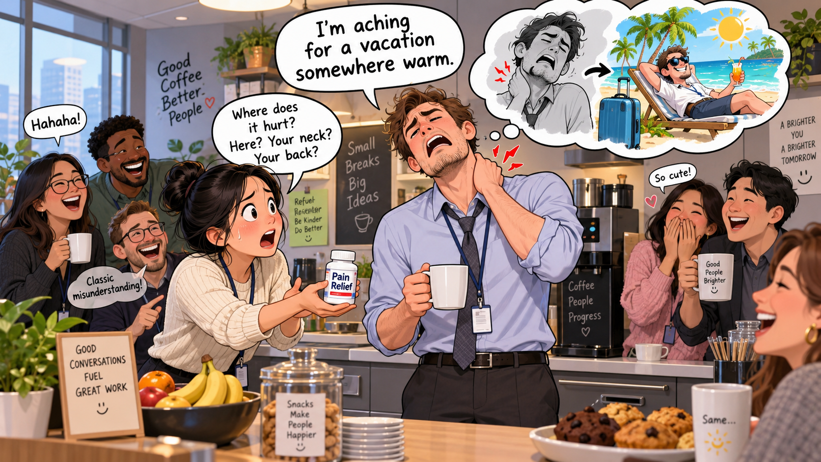 美剧学英语:ache for - 加拿大办公室茶水间,同事说“I’m aching for a vacation”,我差点给他拿止痛药