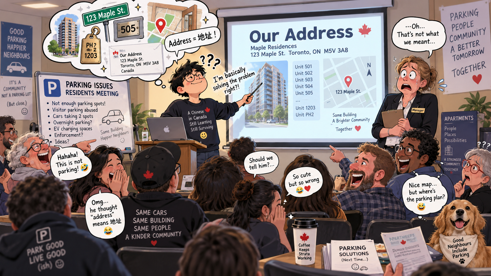 美剧学英语:address - 加拿大公寓住户会上,经理让我“address the problem”,我竟然开始找门牌号……