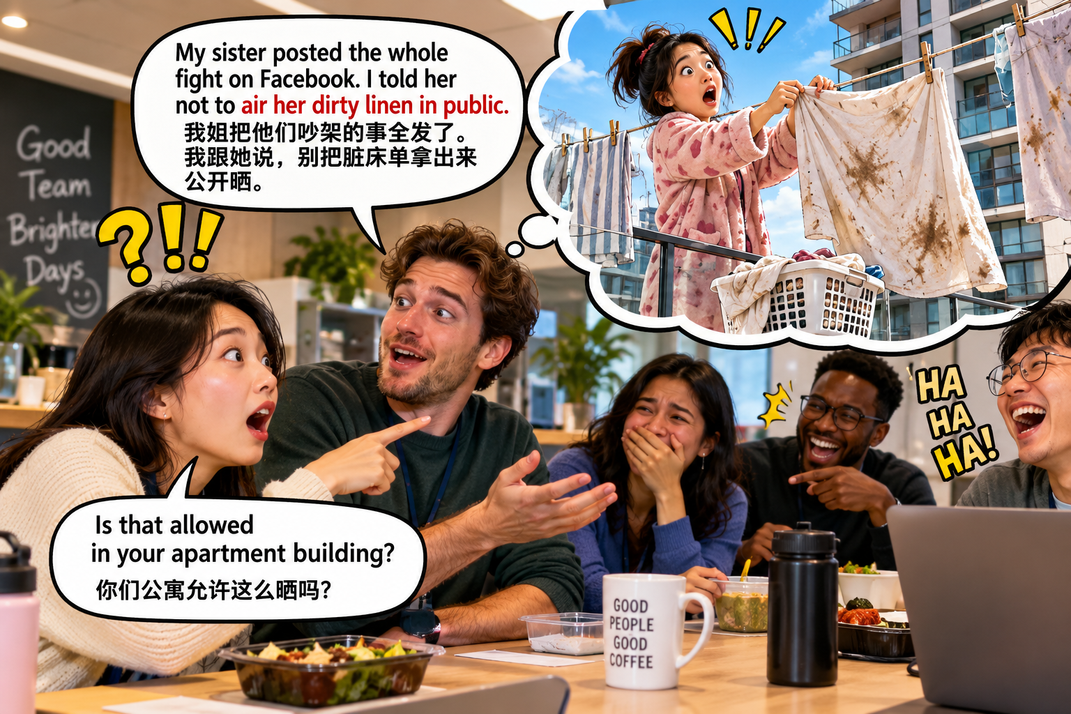 美剧学英语：air one's dirty linen - 加拿大办公室午餐时，同事说“别把脏床单拿出来晒”，我差点问他公寓有没有阳台