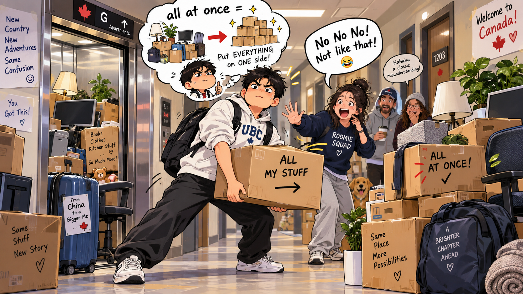 美剧学英语:all at once - 加拿大搬家那天,室友说“all at once”,我默默把纸箱从左边搬到了右边……