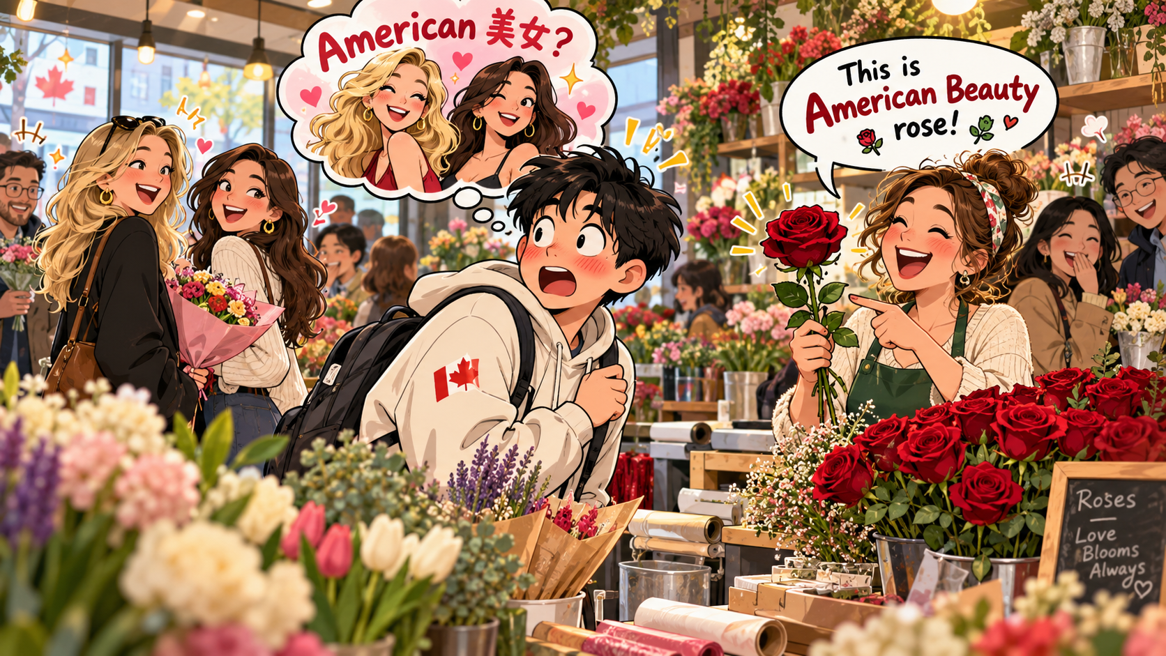 美剧学英语：American beauty - 加拿大花店里，店员说“American beauty”，我顺着她目光开始找美女……
