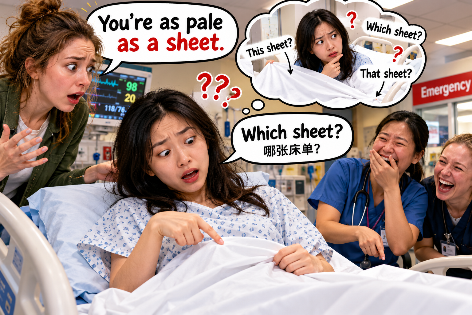 美剧说英语:as pale as a sheet - 加拿大急诊室里,同事说我“as pale as a sheet”,我低头看了看床单……