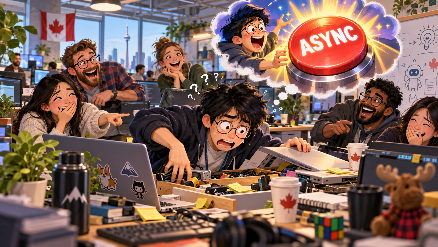 美剧学英语:async - 加拿大办公室里,同事说“just do it async”,我真的去找“async按钮”了……