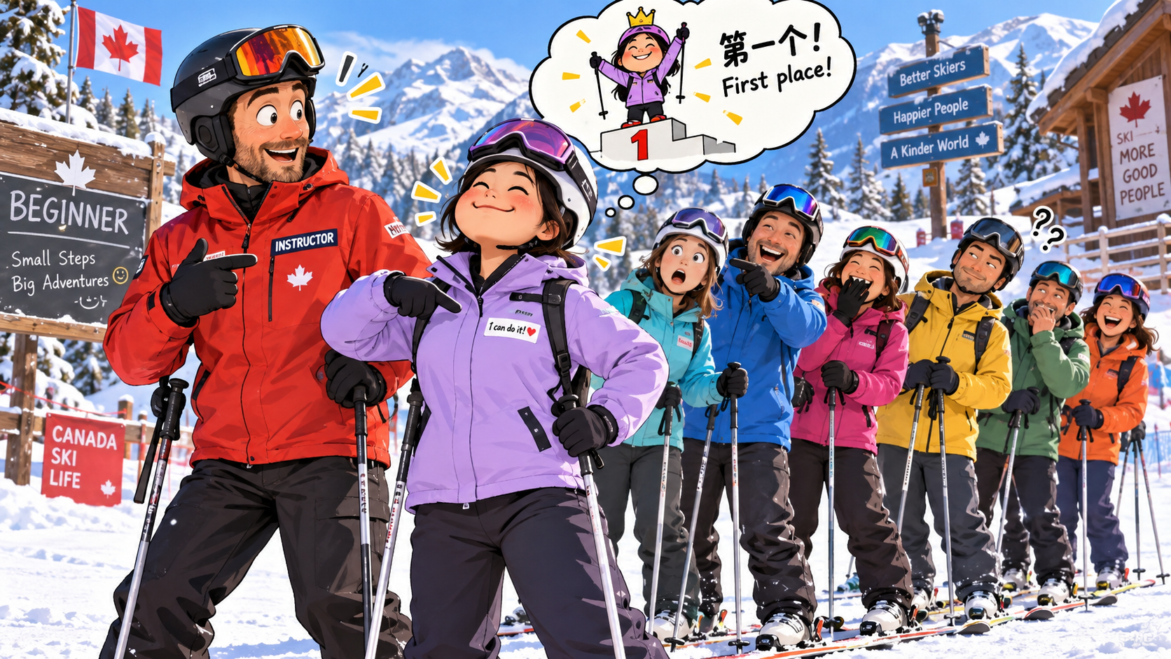 美剧学英语:at first - 加拿大滑雪课上,教练说“at first”,我直接冲到了队伍第一位……