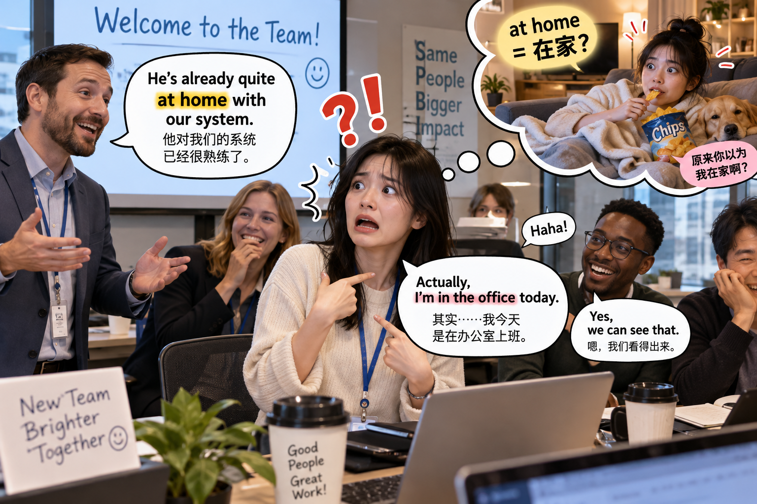 美剧学英语：at home - 加拿大办公室入职会上，同事说我“at home”，我赶紧解释：我今天明明来公司了……