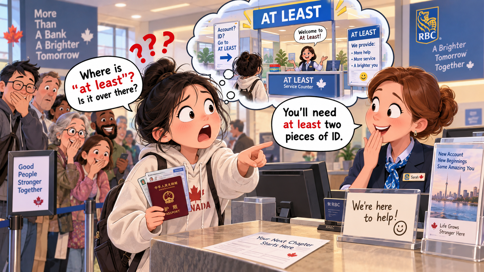 美剧学英语：at least - 加拿大银行开户，柜员说“at least two IDs”，我竟然问她：At least 在哪里？