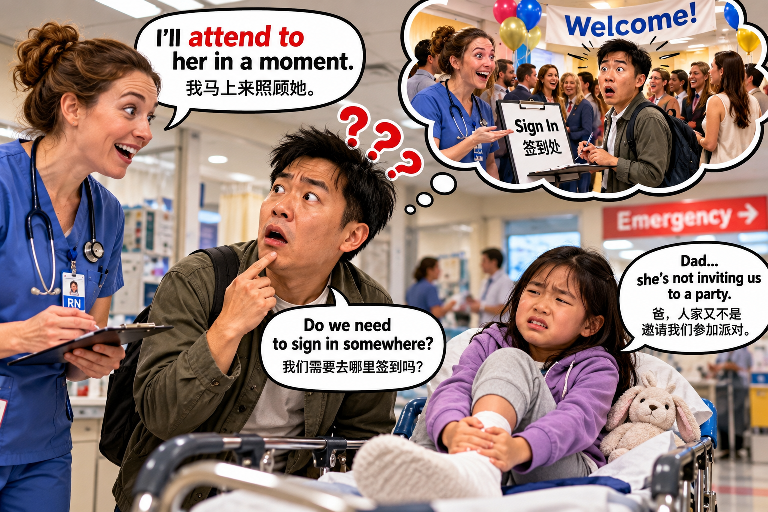 美剧说英语:attend - 加拿大医院护士说“attend to my daughter”,我差点问她要不要签到……