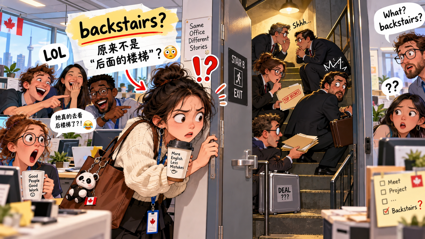 美剧学英语：backstairs - 加拿大同事说这是“backstairs deal”，我真去办公室后楼梯找人了……