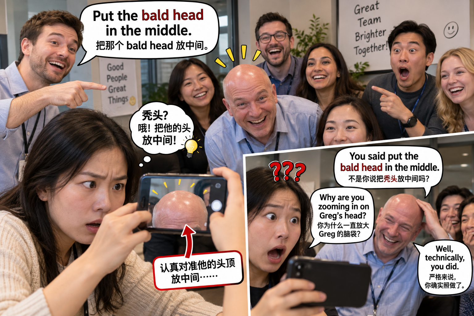 美剧学英语:bald head - 加拿大办公室合影,同事说“把bald head放中间”,我真的对准了他的头……