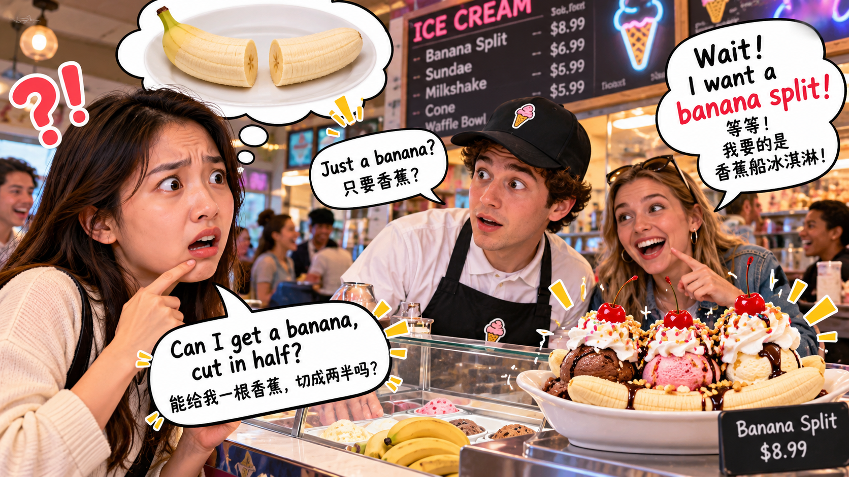 美剧说英语:banana split - 加拿大冰淇淋店点餐,朋友说“banana split”,我以为她只想要半根香蕉……
