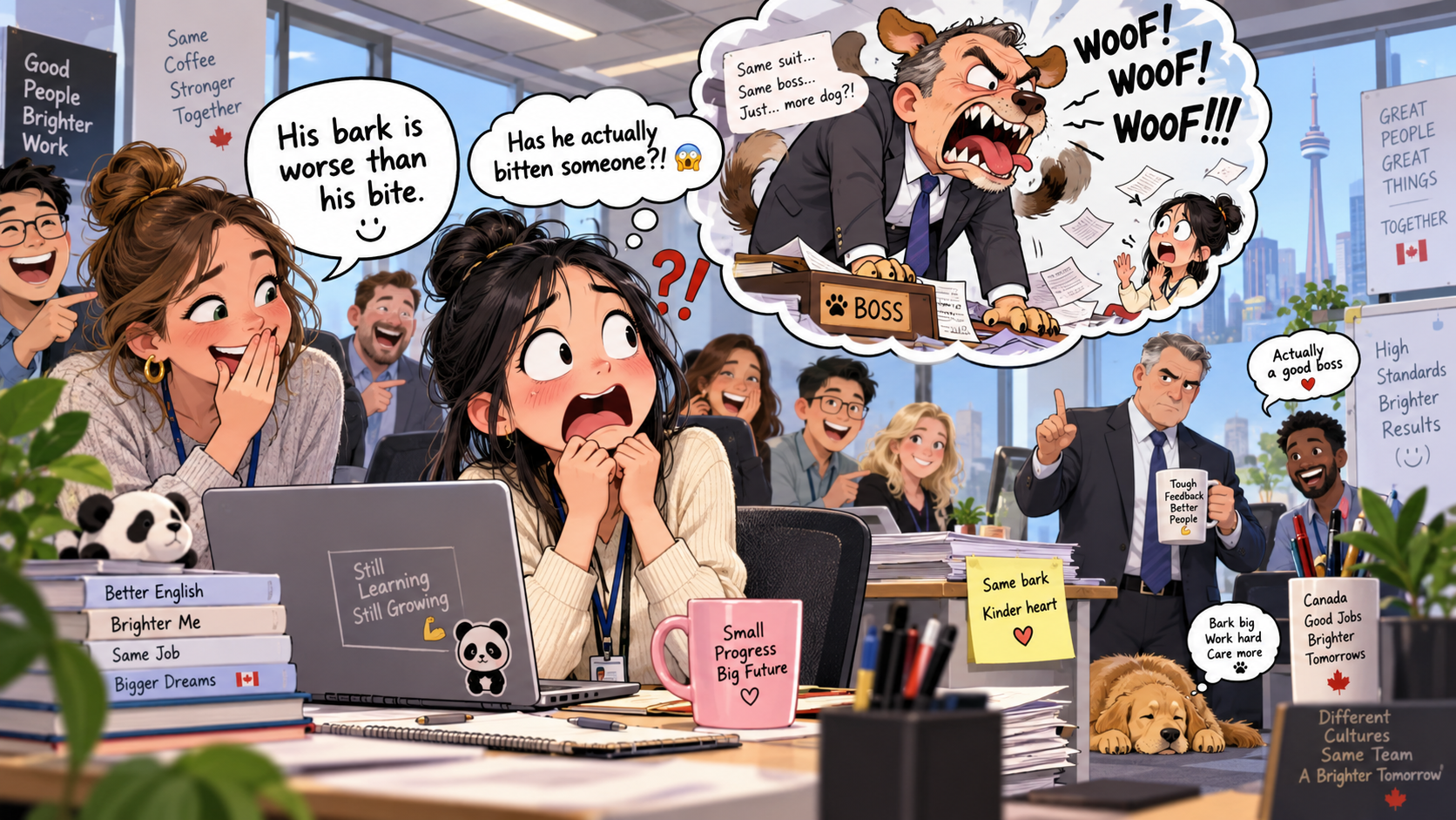 美剧学英语：bark is worse than bite - 加拿大办公室里，同事说老板“bark is worse than bite”，我差点以为他咬过人