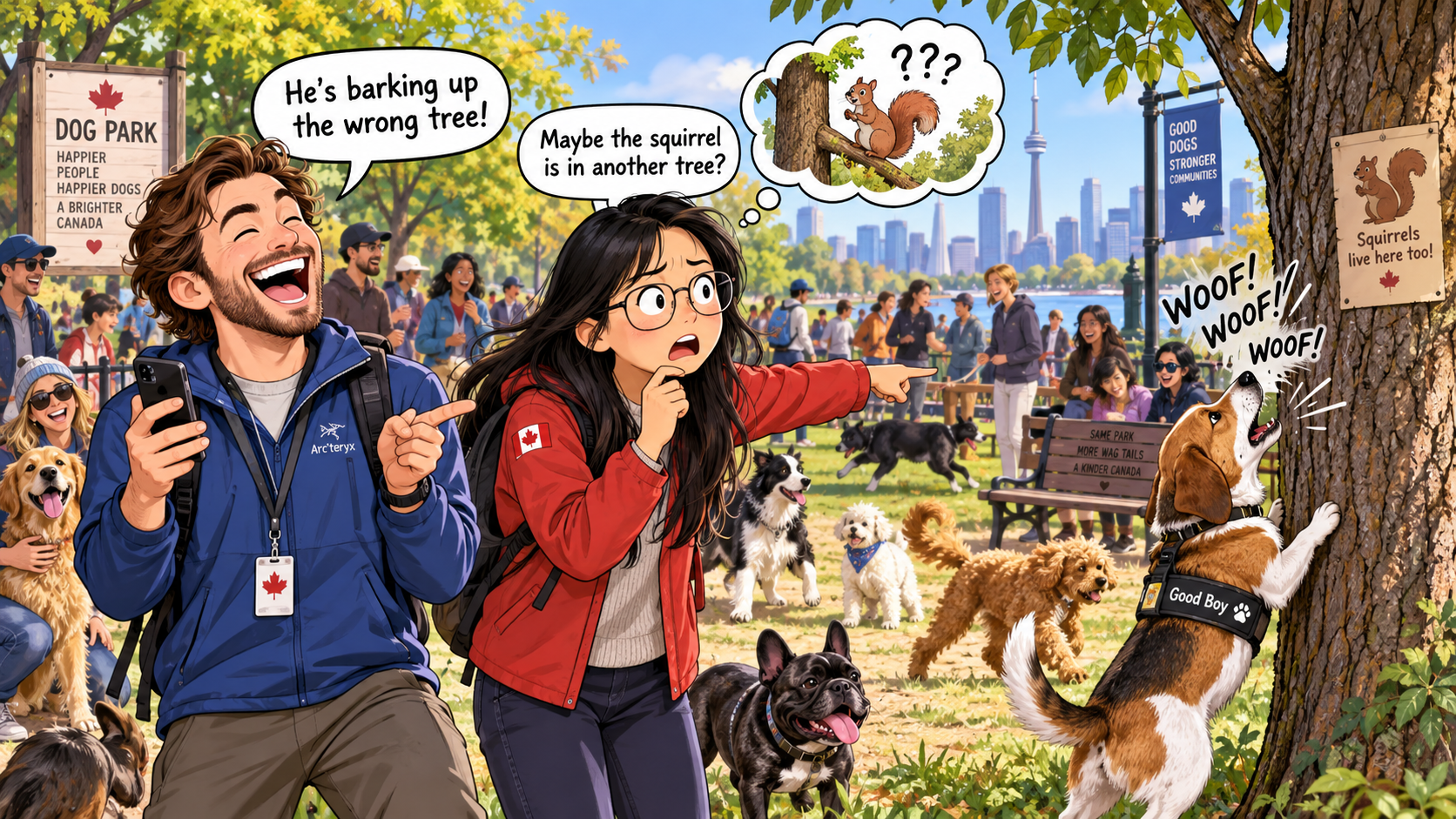 美剧学英语:bark up the tree - 加拿大宠物公园里,同事说“barking up the wrong tree”,我真去看那条狗了……