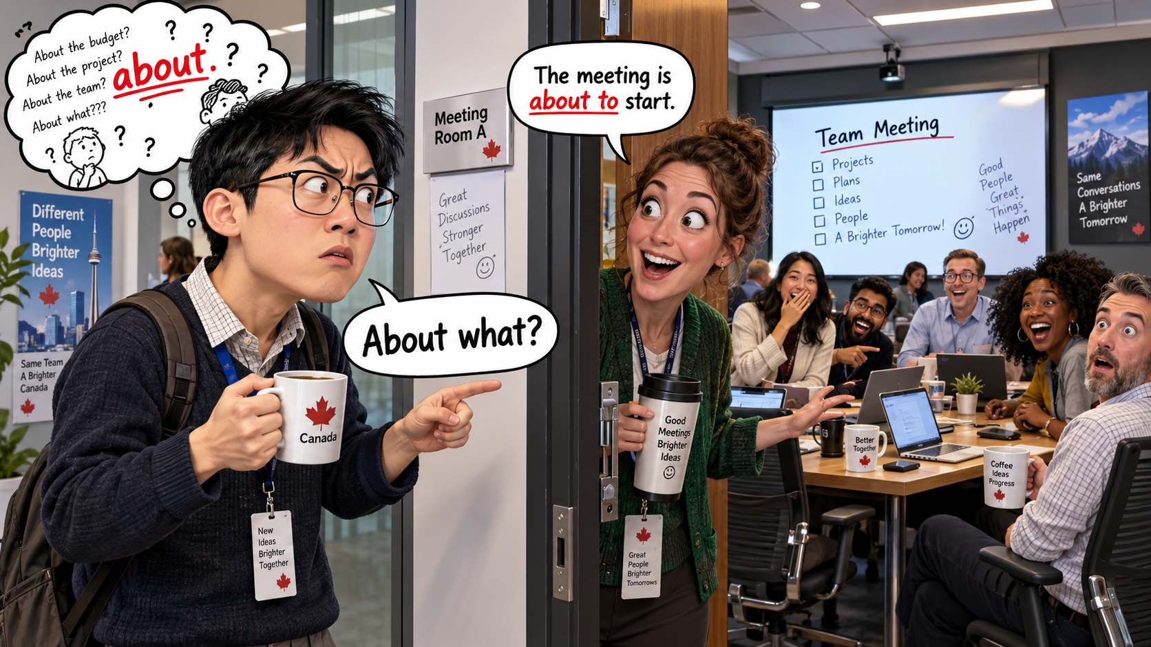 美剧学英语：be about to - 加拿大办公室开会前，同事说“about to start”，我还追问：About what？