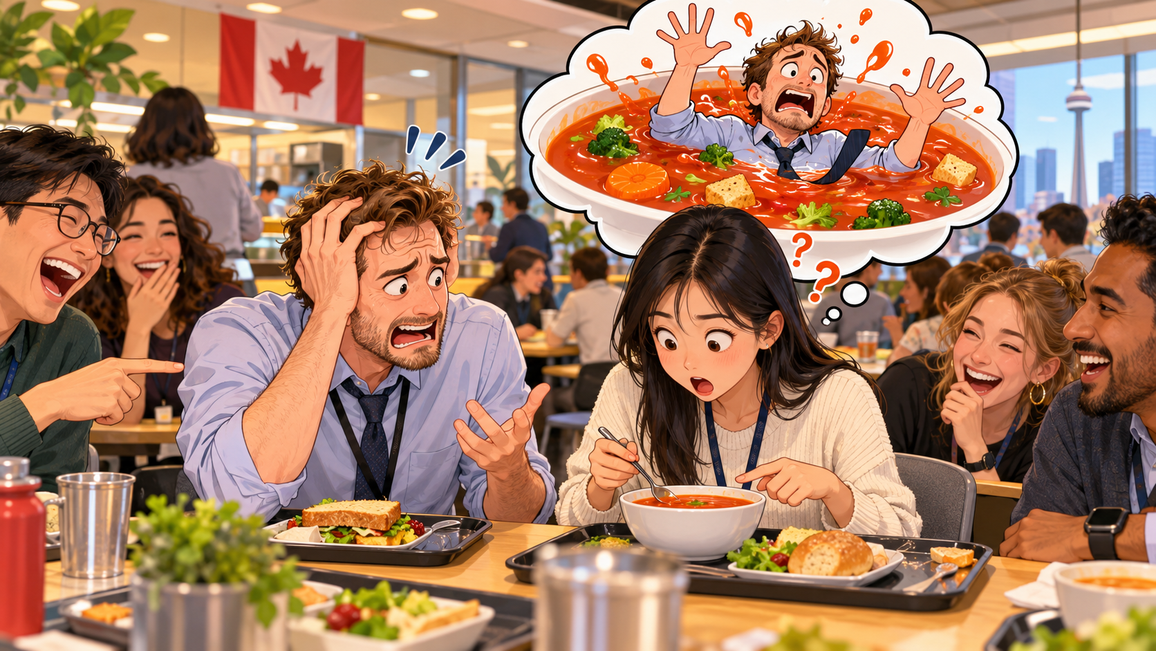 美剧学英语：be in the soup - 加拿大公司食堂，同事说自己“in the soup”，我竟然往他碗里看……