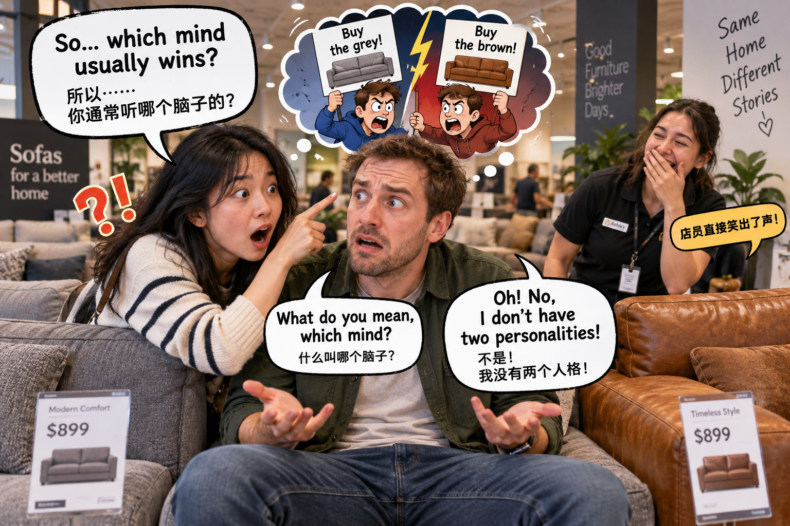 美剧学英语:be in two minds - 加拿大商场买沙发,同事说“I'm in two minds”,我以为他脑子里住了两个人……