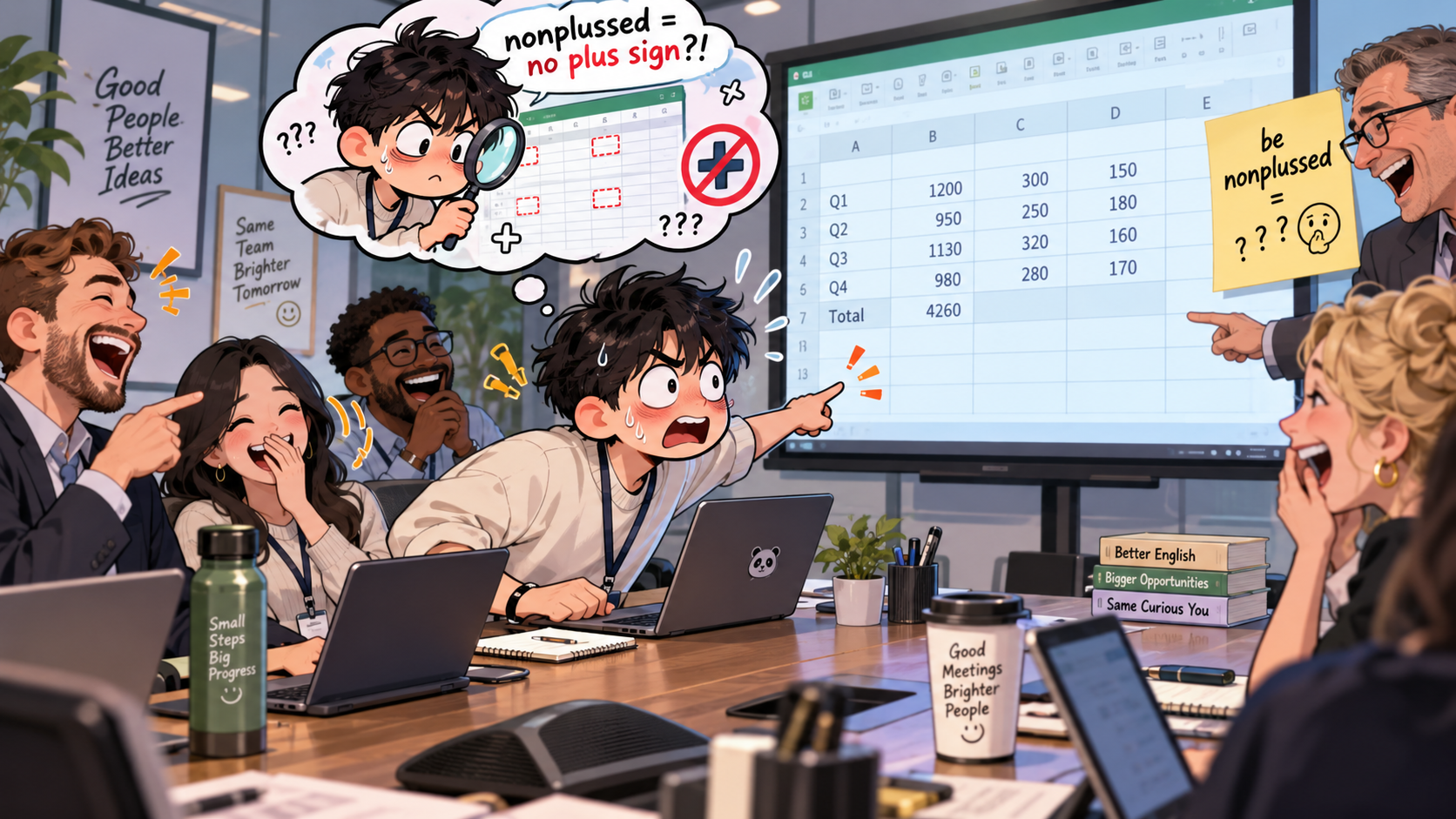 美剧学英语:be nonplussed - 加拿大办公室开会,同事说自己“nonplussed”,我低头找了半天“+”号……