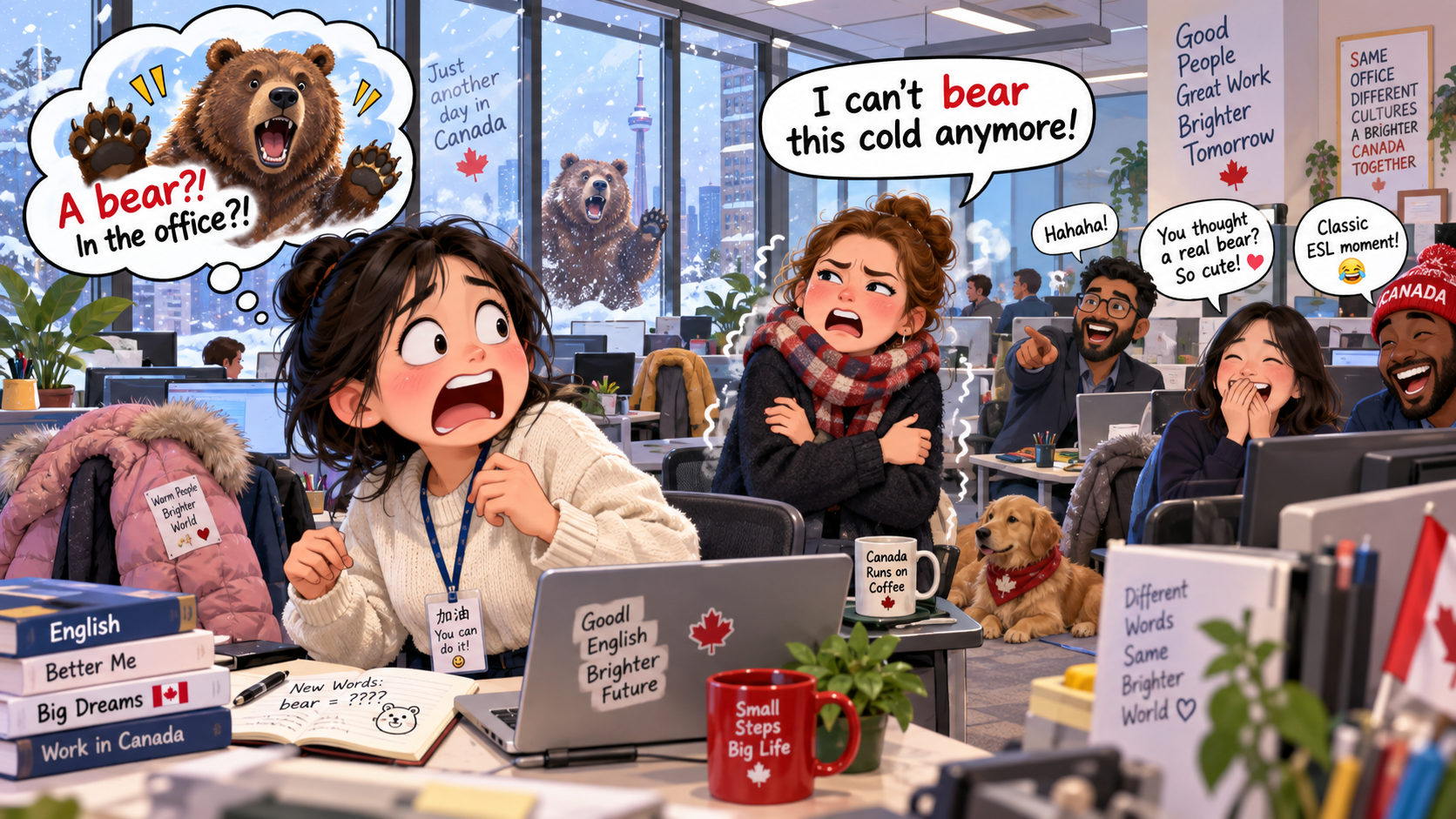 美剧学英语:bear - 加拿大办公室同事说“I can’t bear it”,我下意识往窗外看:熊在哪?