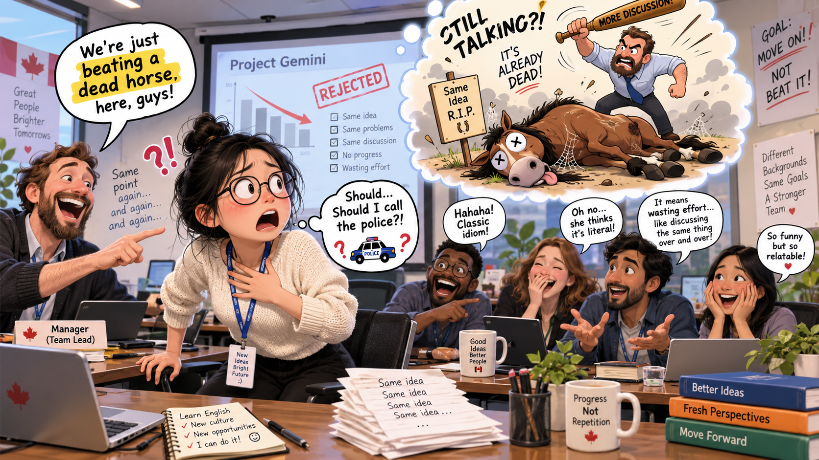 美剧学英语:beating a dead horse - 加拿大办公室开会,同事说“别再打那匹死马了”,我差点问要不要报警