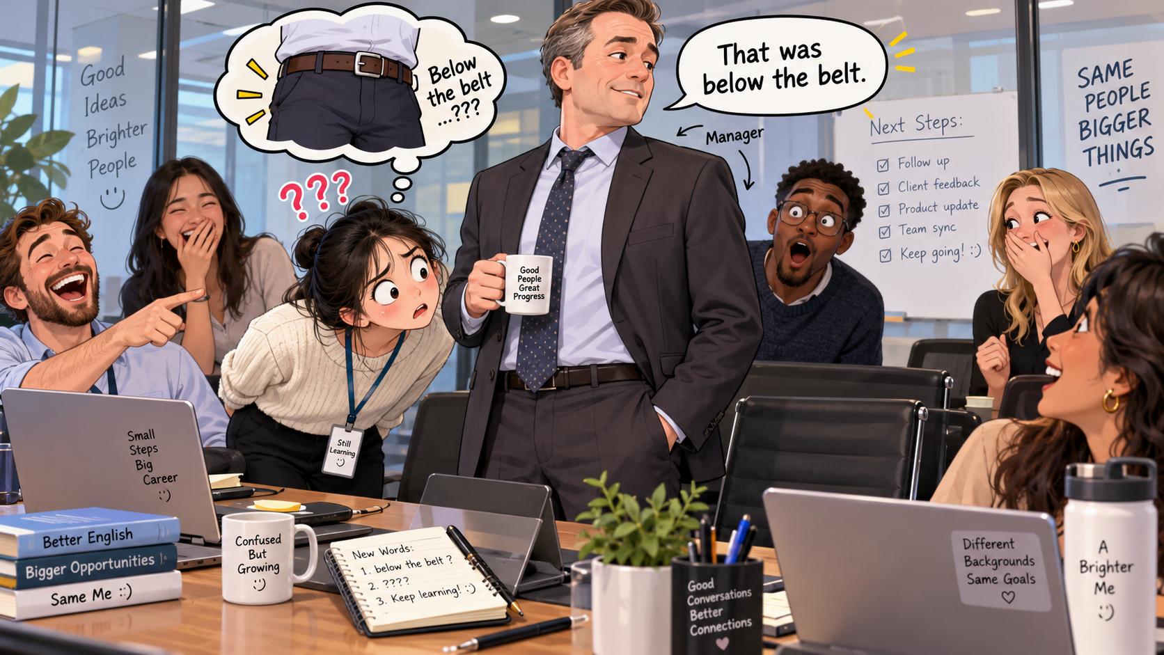 美剧学英语:below the belt - 加拿大办公室开完会,同事说“below the belt”,我低头看了一眼经理的皮带……