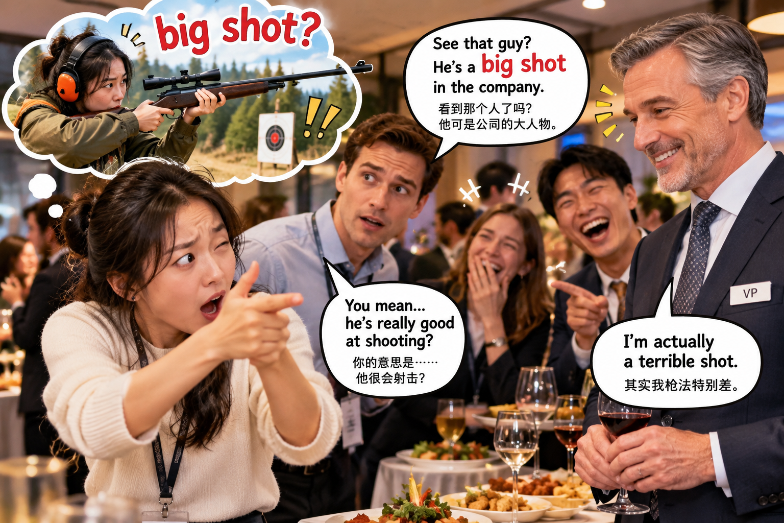 美剧学英语:big shot - 加拿大公司聚餐,同事说老板是“big shot”,我差点问:他枪法很好吗?