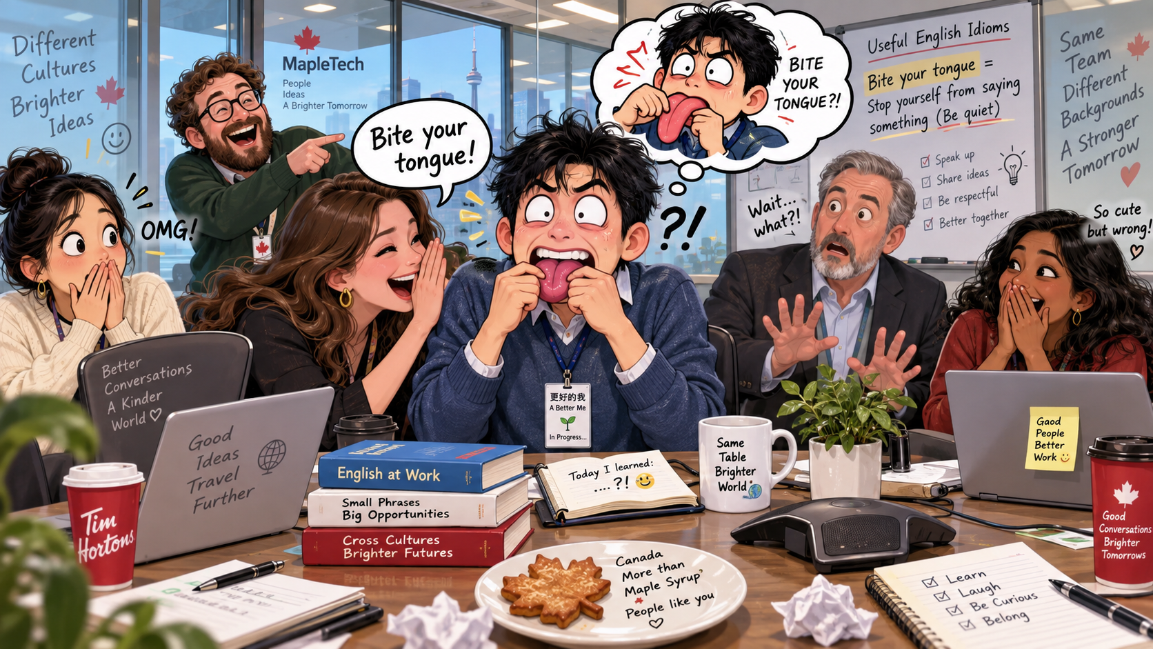 美剧学英语：bite one's tongue - 加拿大办公室开会，同事让我“bite your tongue”，我当场真的咬了下去……