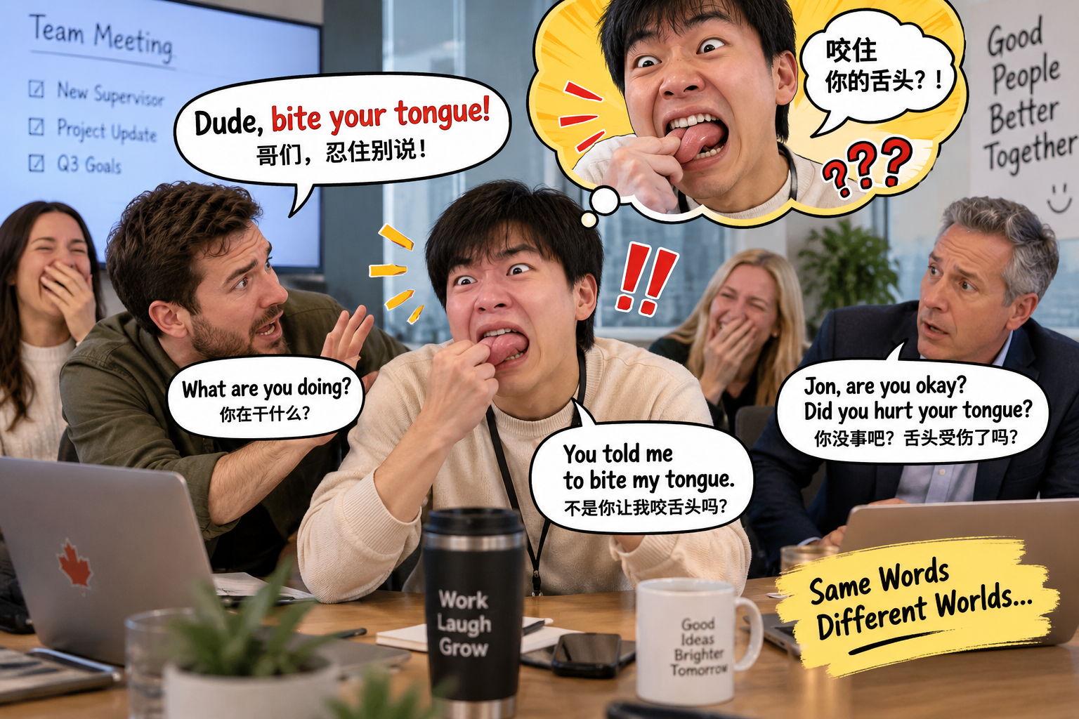 美剧学英语：bite your tongue - 加拿大办公室晨会，同事让我“bite your tongue”，我真把舌头咬住了……