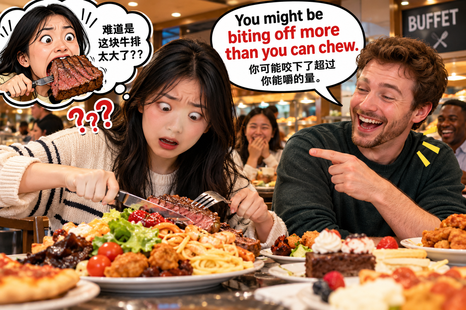 美剧说英语：bites off more than you can chew - 加拿大自助餐同事说我“咬太多了”，我低头看了一眼盘子……