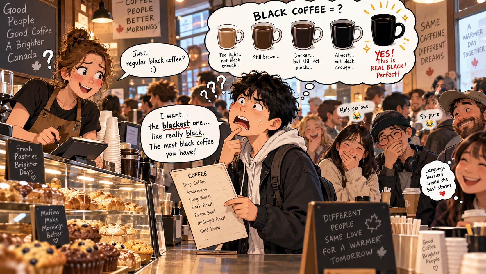 美剧学英语:black coffee - 加拿大办公室帮同事买咖啡,他说“black coffee”,我站在Tim Hortons挑了半天最黑的那杯……