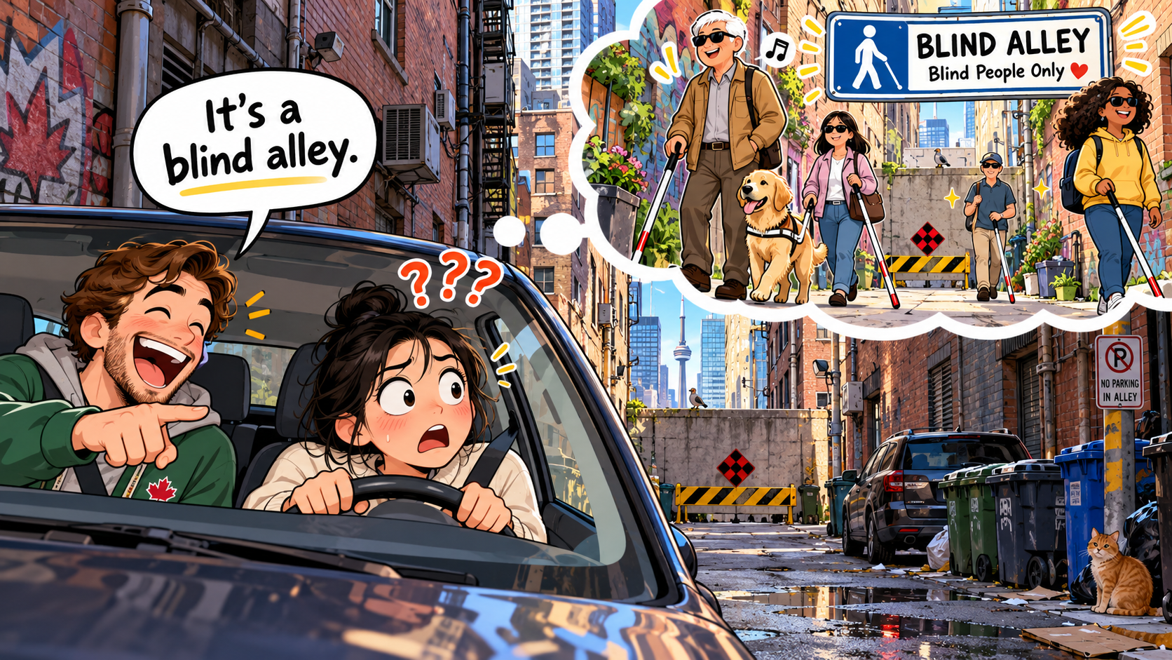 美剧说英语:blind alley - 加拿大开车找停车位,朋友说这是“blind alley”,我还特意往巷子里看了一眼