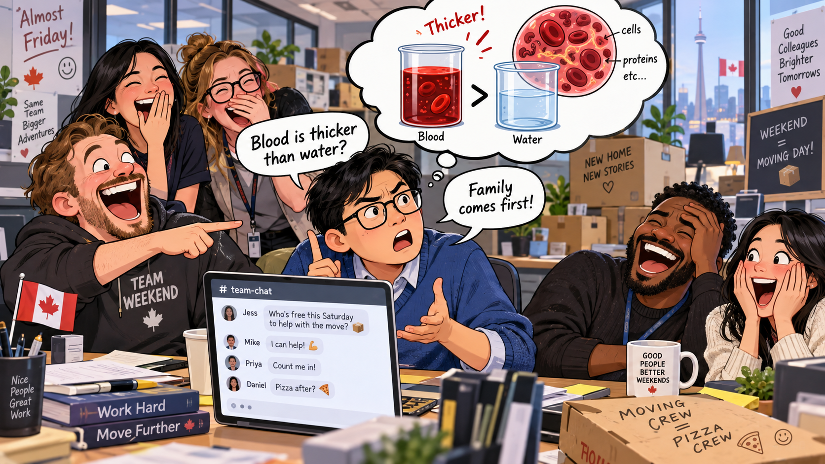 美剧学英语：blood is thicker than water - 加拿大办公室搬家群里，同事说“blood is thicker than water”，我认真讲起了血液黏度……