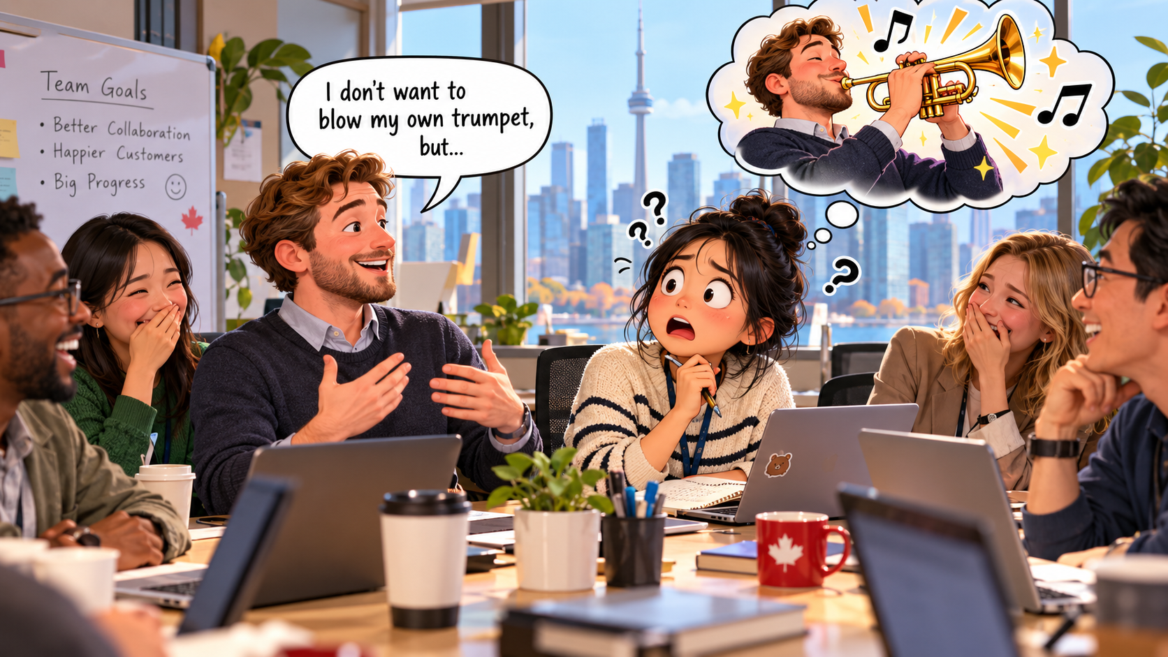 美剧学英语：blow one's own trumpet - 加拿大同事说“blow your own trumpet”，我竟然问他：你喇叭放车里了吗？