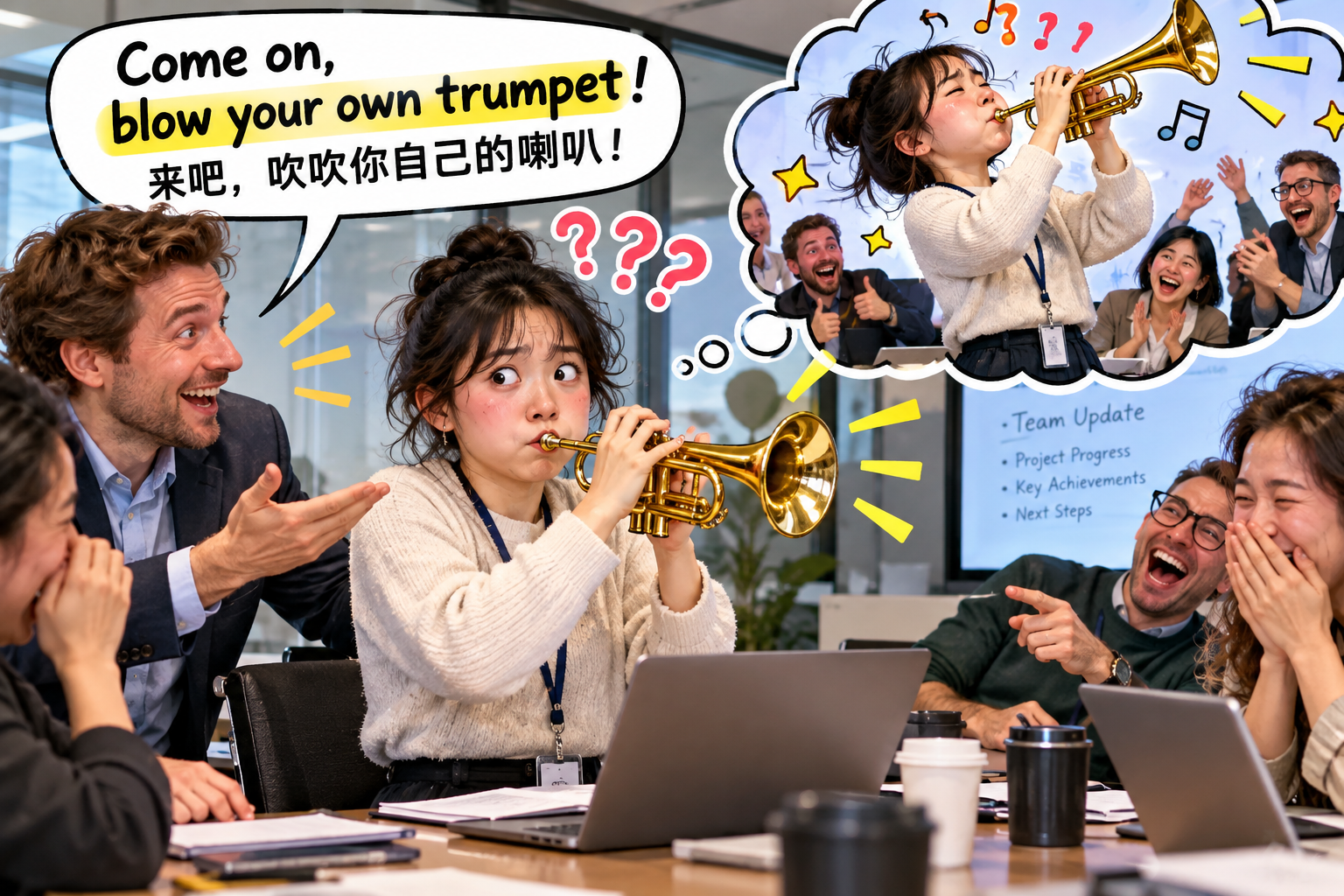 美剧说英语：blow one's own trumpet - 加拿大办公室开会，同事说我在“吹喇叭”，我差点以为他嫌我太吵……
