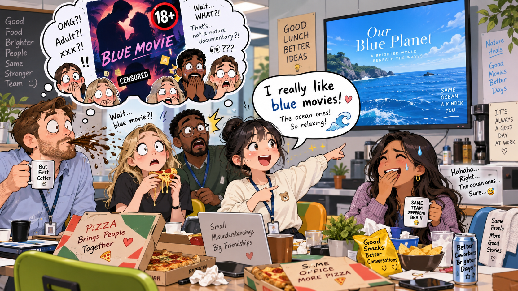 美剧学英语：blue movie - 加拿大办公室午休选电影，我说想看“blue movie”，整个茶水间突然安静了