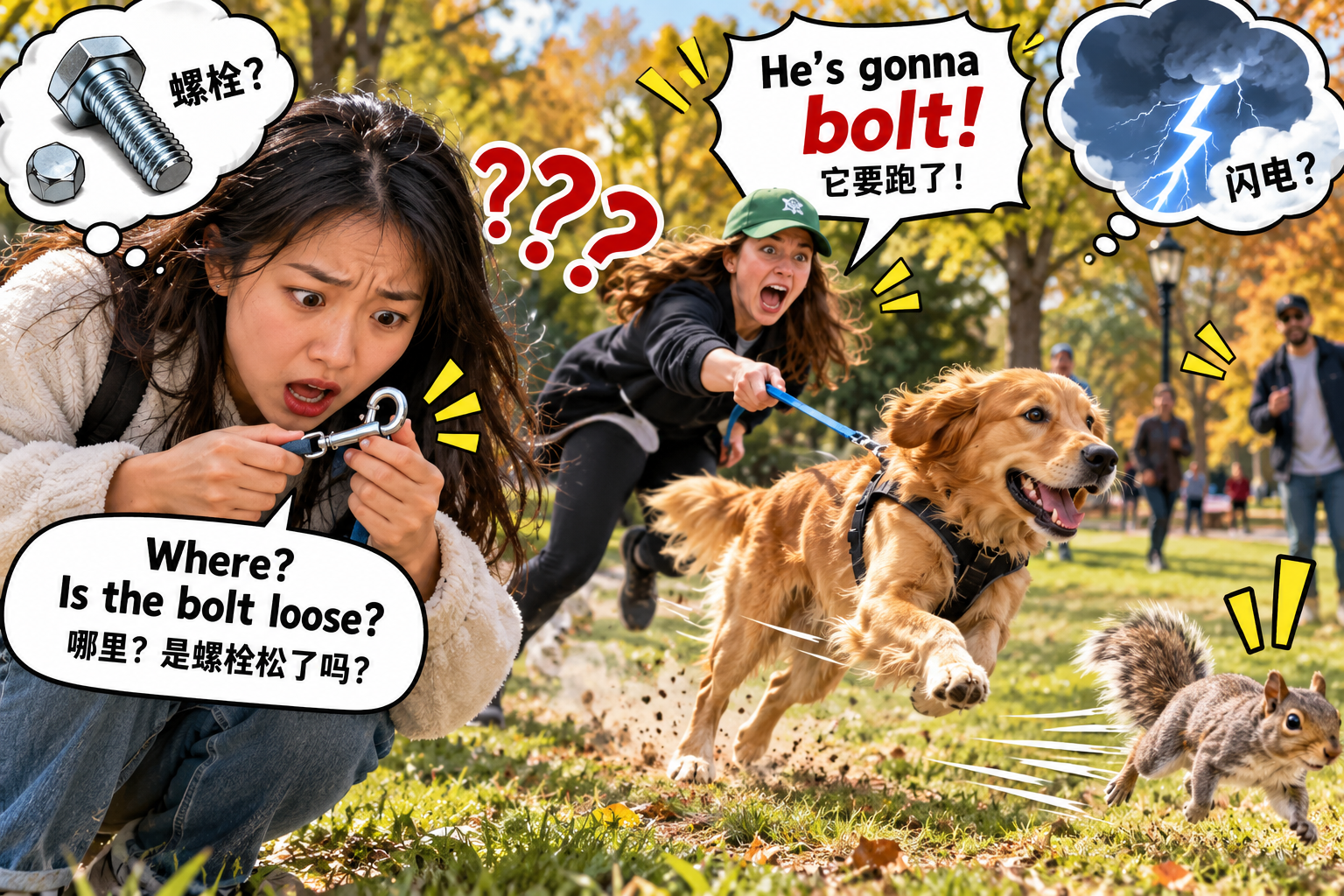 美剧学英语:bolt - 加拿大遛狗时朋友突然喊“Bolt!”我低头开始找螺栓……