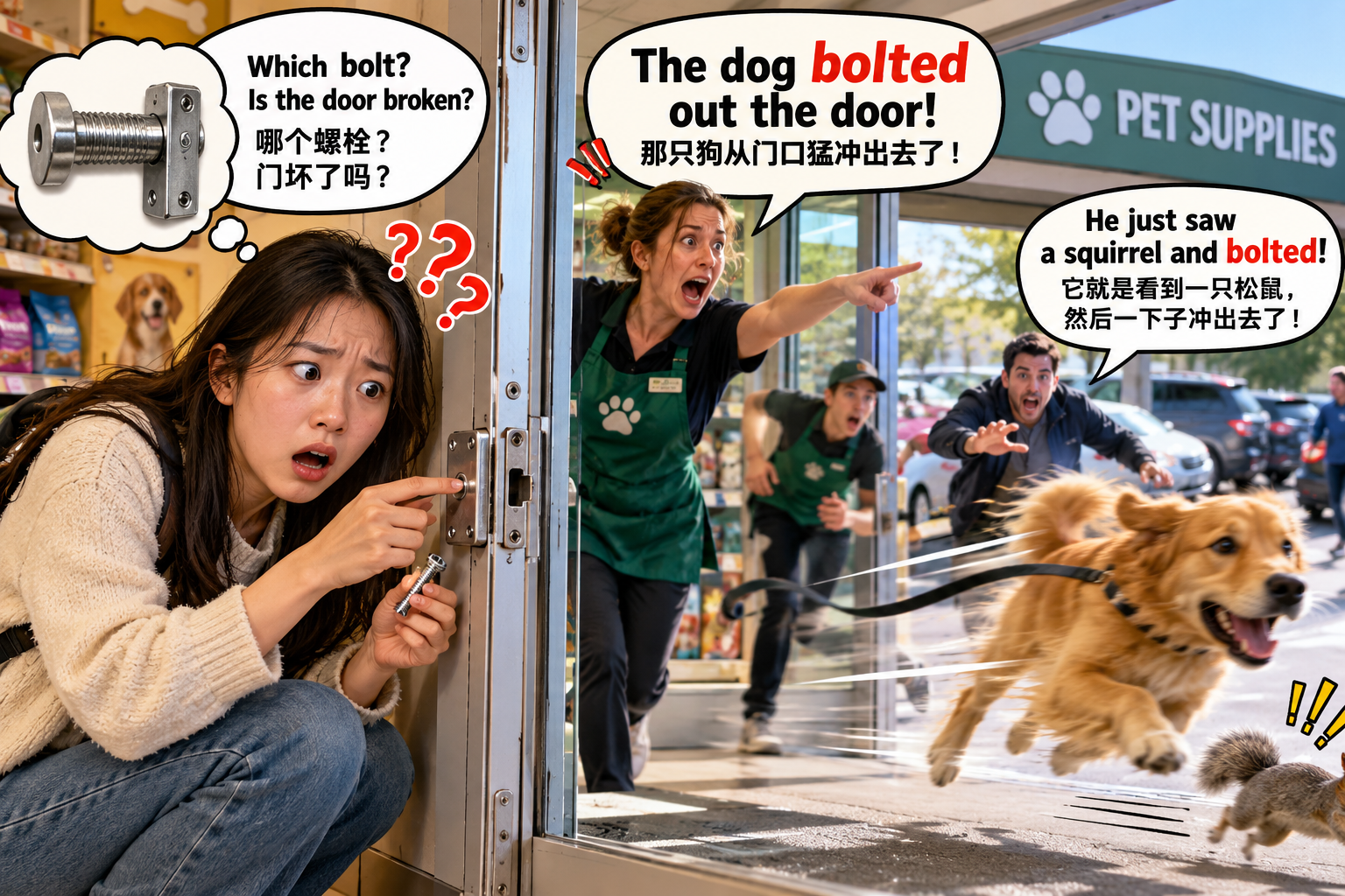 美剧说英语:bolt - 加拿大宠物店同事说狗“bolted”,我下意识去找螺丝……