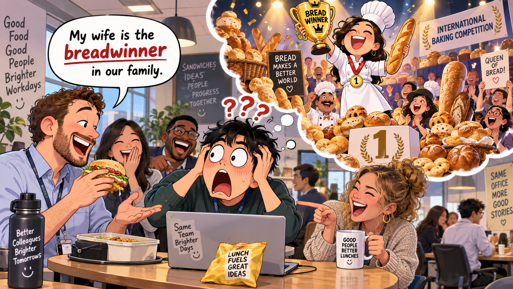 美剧学英语:breadwinner - 加拿大办公室午餐,同事说老婆是“breadwinner”,我盯着他的三明治问:她赢了几条面包?