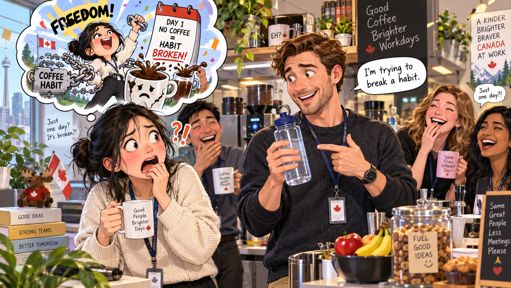 美剧学英语:break a habit - 加拿大办公室茶水间,同事说要“break a habit”,我以为戒咖啡只需要一天……