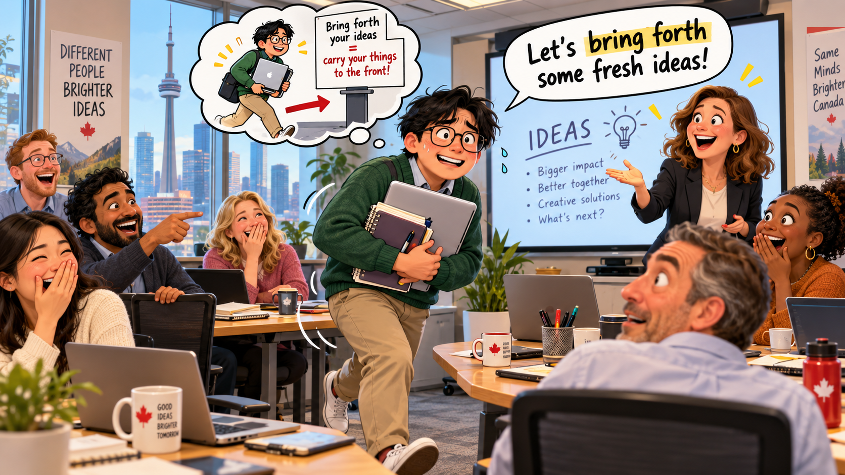 美剧学英语:bring forth - 加拿大办公室里,同事说“bring forth your ideas”,我差点把笔记本抱到他面前……