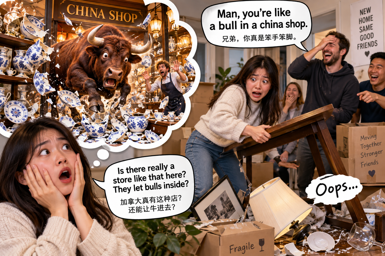 美剧学英语：bull in a china shop - 加拿大搬家现场，同事说我像“bull in a china shop”，我还真去找瓷器店了……
