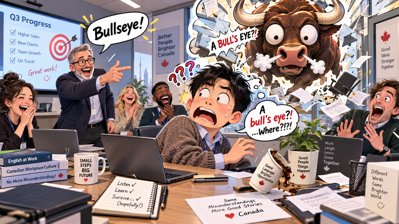 美剧学英语:bullseye - 加拿大办公室晨会,同事突然说“bullseye”,我下意识开始找牛……