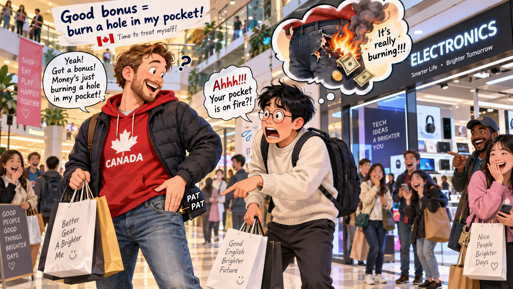 美剧学英语：burn a hole in one's pocket - 加拿大商场里，同事说钱把他口袋烧了个洞，我差点叫他脱裤子