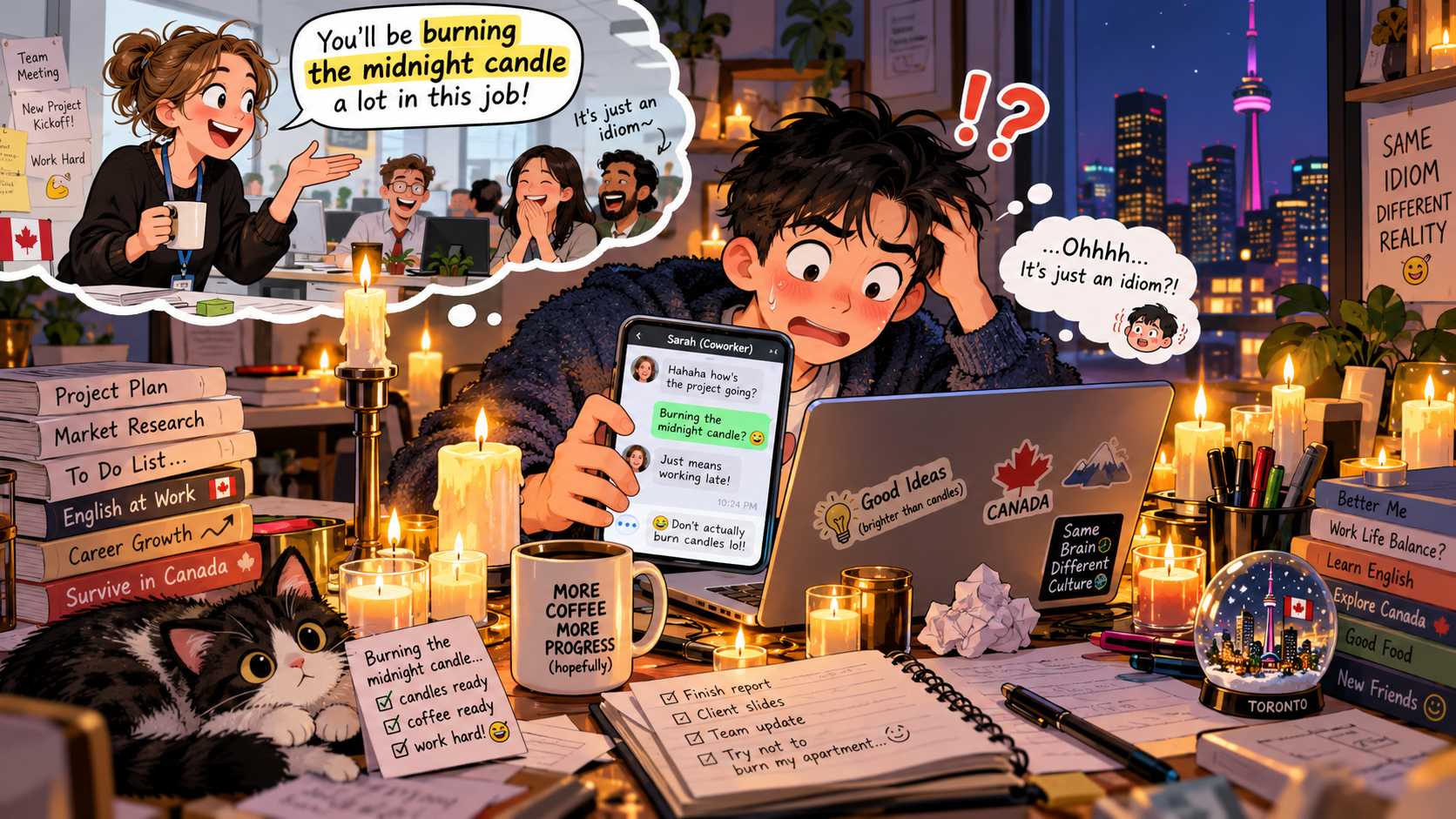美剧说英语：burn the midnight candle - 加拿大办公室同事说“burn the midnight candle”，我下班后真的去买了蜡烛……