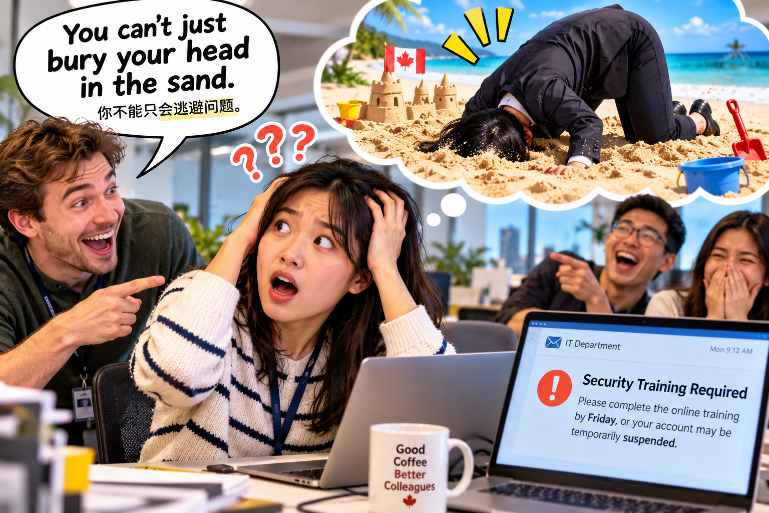 美剧说英语：bury one's head in the sand - 加拿大办公室同事说“bury your head in the sand”，我差点问他沙子在哪儿……
