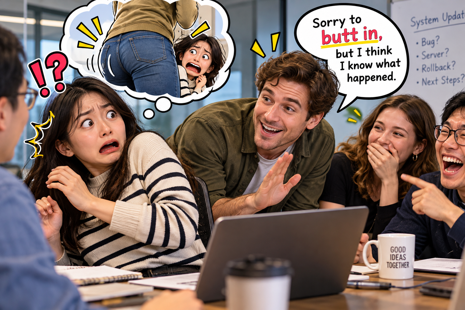 美剧说英语:butt in - 加拿大办公室里同事说“Sorry to butt in”,我脑子里立刻出现了一个屁股……