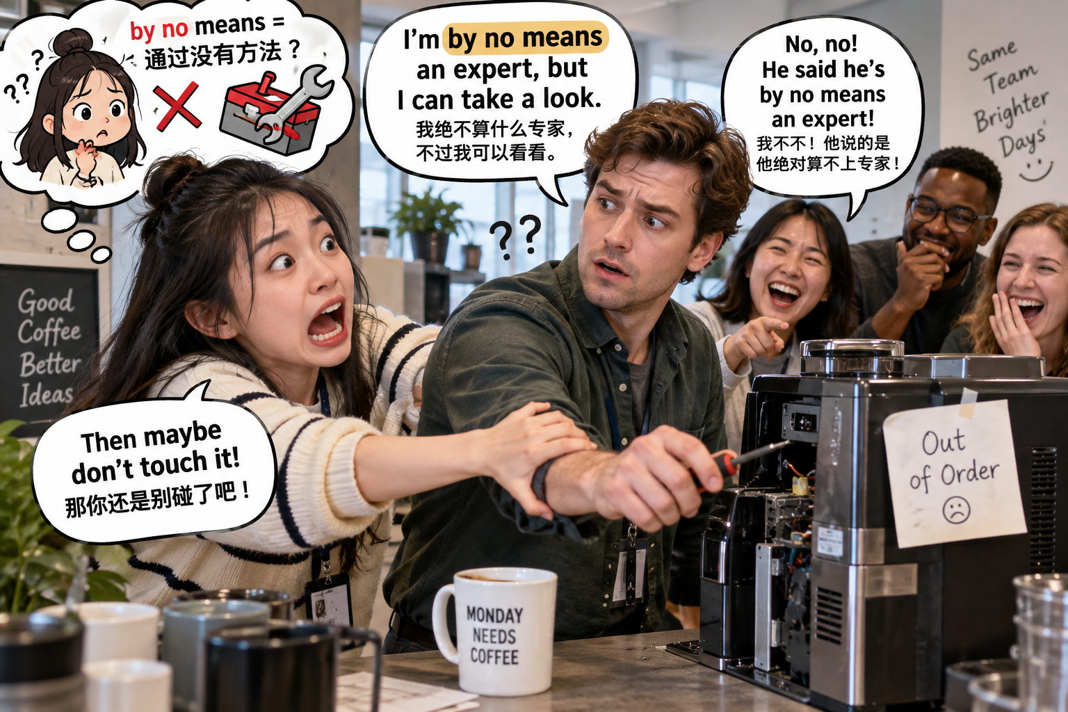 美剧学英语：by no means - 加拿大办公室咖啡机坏了，同事说“by no means”，我当场把他手按住了……