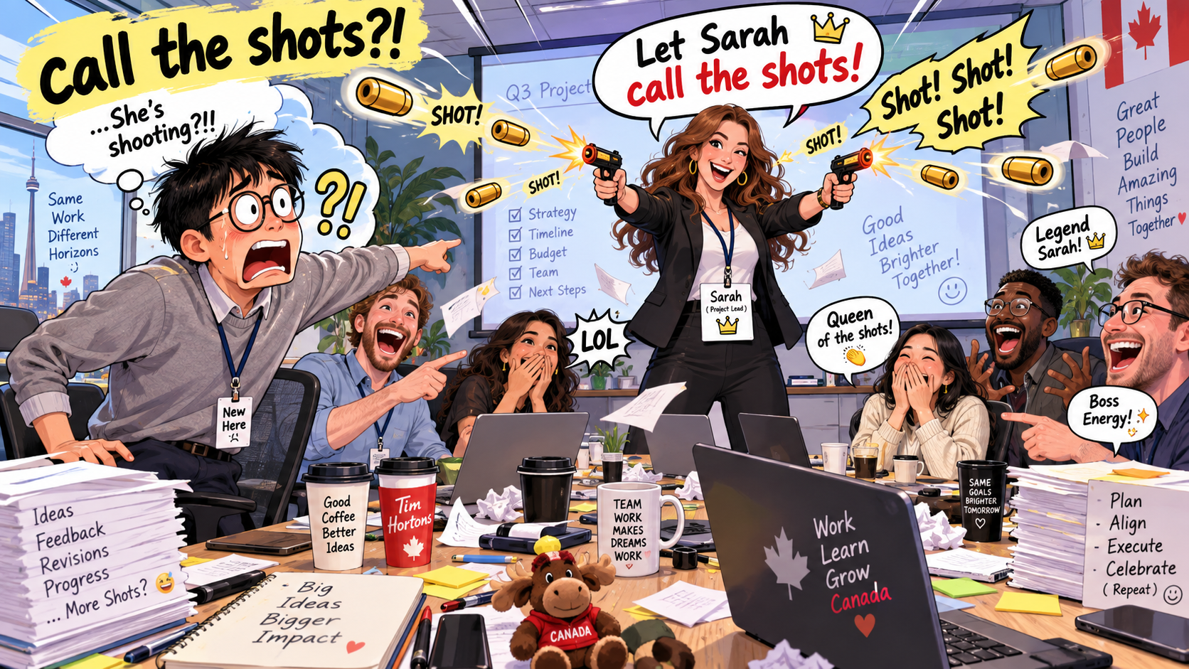 美剧学英语：call the shots - 加拿大办公室开会，同事说“Sarah calls the shots”，我差点问：她还有枪？