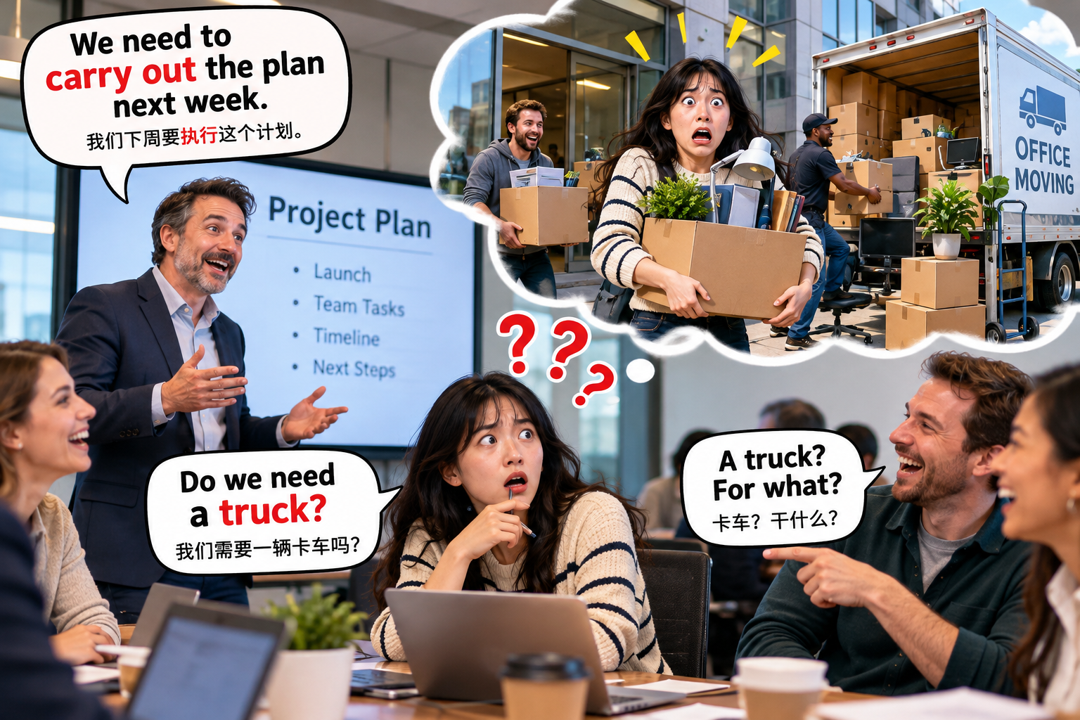 美剧说英语：carry out - 加拿大同事说“carry out the plan”，我差点去找搬家公司……